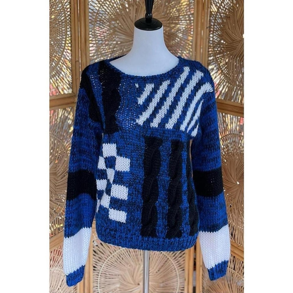 Vintage Cherry Stix Hand Knit Blue Black White  Geometric Checkered Sweater - Picture 6 of 6